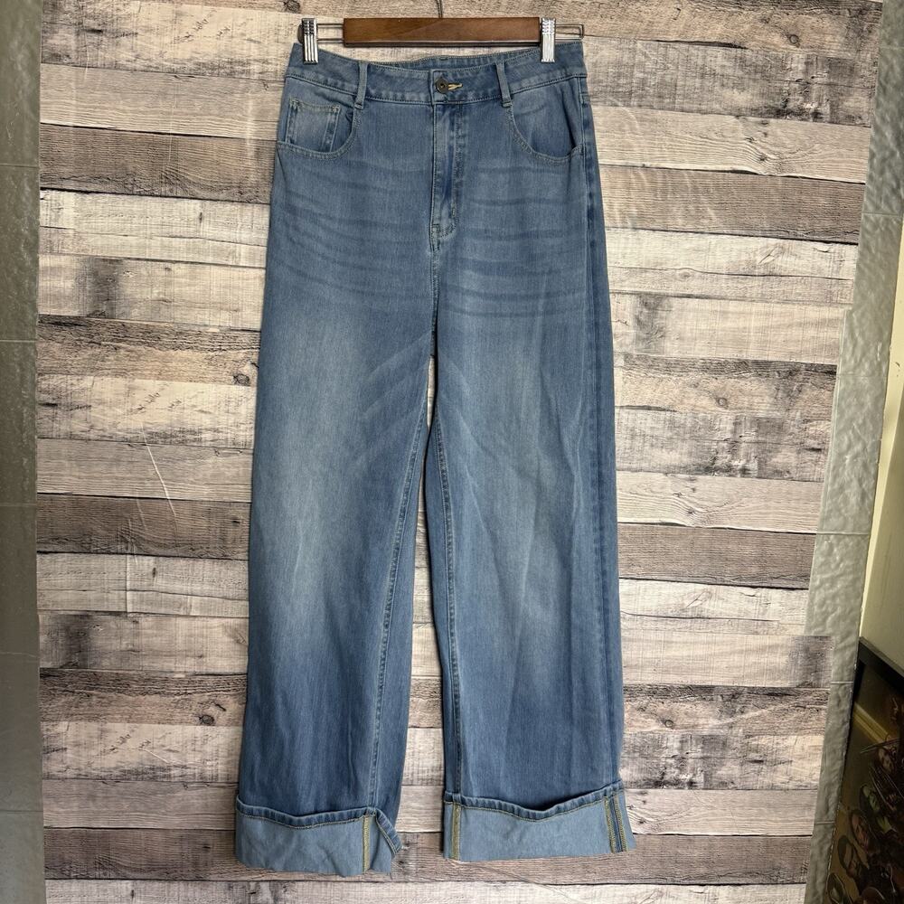 Halara Flex High Waisted Pockets Rolled Hem Wide Leg Washed Casual Jeans Small